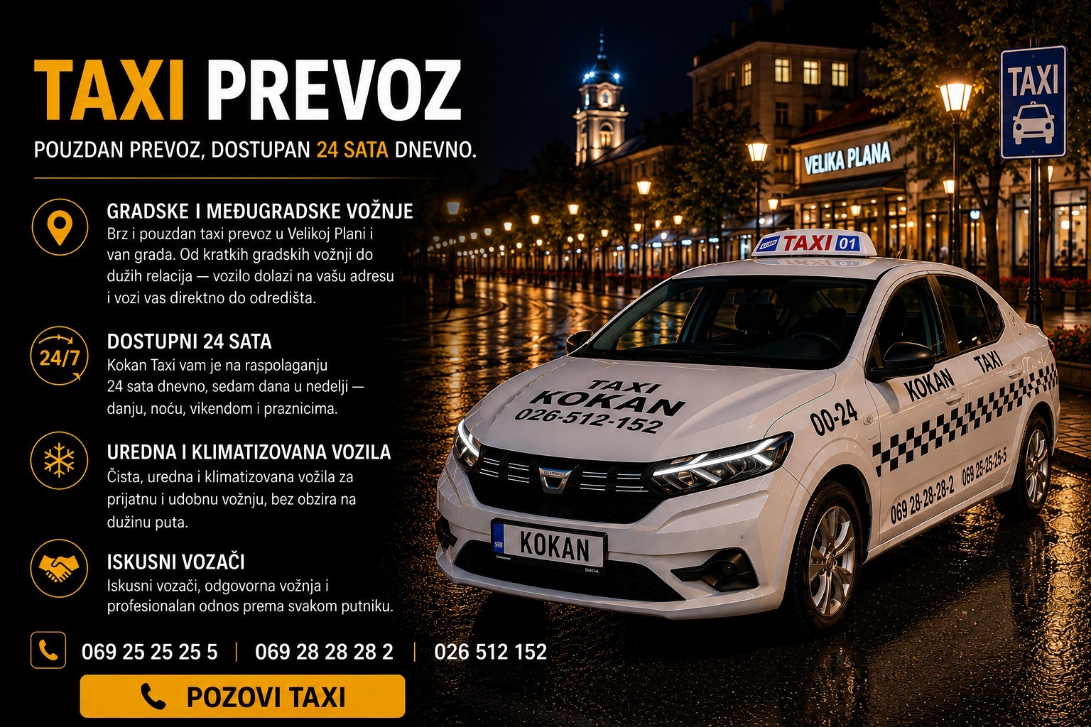 Kokan Taxi prevoz — gradske vožnje, 24 sata dnevno